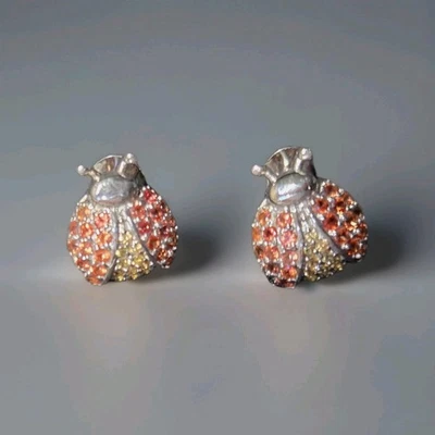 Natural Sapphire Round Diamond Cut Ladybug 925 Sterling Silver Post Earrings  - Image 1 of 4