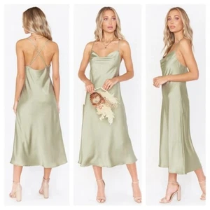 Show Me Your Mumu Verona Capucha Midi Vestido Verde Musgo Lujo Satén Mujer Mediano - Imagen 1 de 7