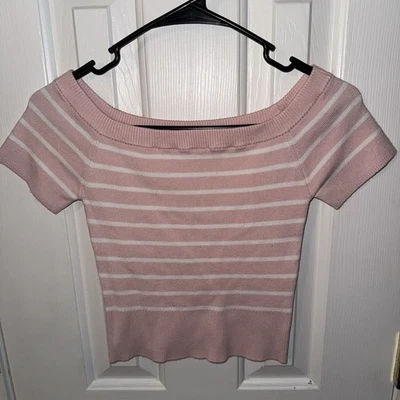 Blusa suéter listrada rosa/branco feminina Garage, tamanho médio, nova com etiquetas - Imagem 1 de 3