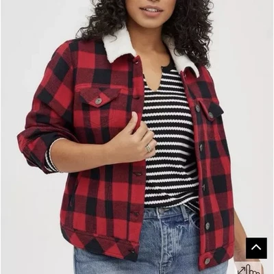 Torrid Sherpa Collar Trucker Coat Buffalo Plaid Red Size 3 3X Plus Jacket - Image 1 of 4