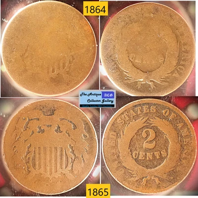 1864 & 1865 US Copper Two Cent Pieces 🪙 Civil War Era 🪙Antique🪙 - Image 1 of 4