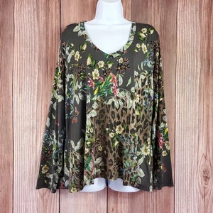 Johnny Was Damen Large Ash Bird Leopard Favorite Langarm V-Ausschnitt Swing T-Shirt - Bild 1 von 12