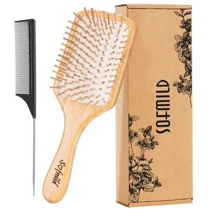 Hair Brush-Natural Wooden Bamboo Brush and Detangle Tail Comb, Paddle Hairbrush - Picture 1 of 12