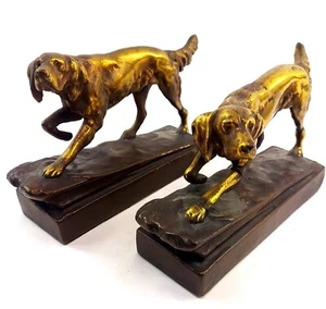 Antique ARMOR BRONZE Sculpture Golden Retriever Dog Bookends Signed needs repair - Picture 1 of 11