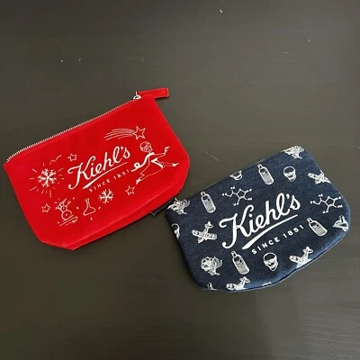 Kiehl's Travel Comestic Pouch bag Red Blue Denim Set Of 2 Christmas Apothecary - Image 1 of 4