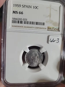 SPAIN-1959-10 CENTIMOS SUPER HIGH GRADE  NGC MS 67 Pete the Greek ww - Picture 1 of 2