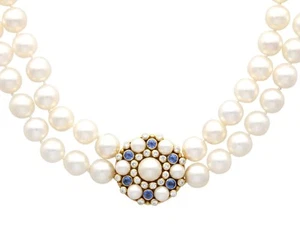 Double Strand Cultured Pearl 1.92ct Sapphire 1.06ct Diamond Yellow Gold Necklace - Picture 1 of 13