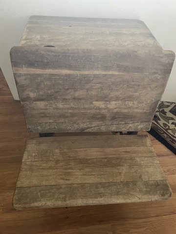 Vintage Child's School Desk Ornate Cast Iron & Wood With Folding Seat Antique Cover