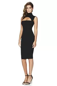 NWT Nookie Manhattan Midi Dress SZ M $219 MSRP Peek A Boo Bust Mock Neck Sheath - Picture 1 of 12