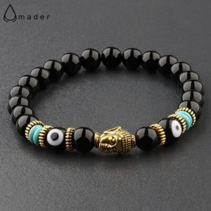 Charm Buddha&Evil Eye Bracelet Women 8mm Elastic Round Bright Black Stone Chakra - Picture 1 of 41