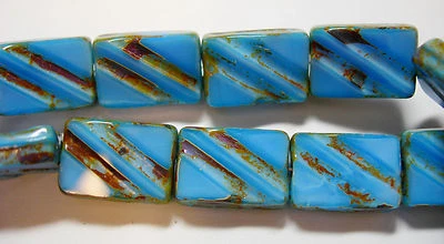 15 Blue Silk Picasso Czech Glass Firepolished Grooved Rectangle beads 8x12mm - Image 1 of 2