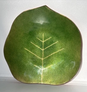 Vintage Leon Statham Copper Enamel Trinket Dish Green Enamel Leaf Signed 6 1/2" - Picture 1 of 13