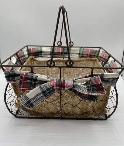 Metal Handle Plaid Chicken Wire Burlap Decorative Basket Primitive Farmhouse Cover