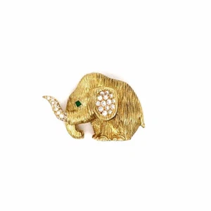 French Diamond Emerald Gold Elephant Pin-Brooch 18k Yellow Gold ON SALE!!! - Picture 1 of 6