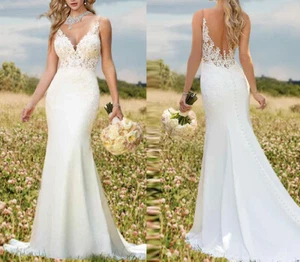 Luxury Mermaid Wedding Dresses V Neck Backless Lace Appliques Bridal Gowns Train - Picture 1 of 8