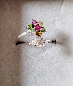 Damenring Gr. 7 Blume 925 Silber Ring, verstellbar, umwickelt Finger. Multicolor - Bild 1 von 5