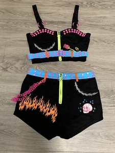 XS Current Mood Dark Nails For Breakfast Embroidered Shorts Corset Top Set Neon - Picture 1 of 6
