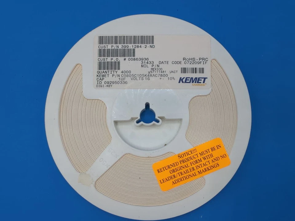 Carrete condensador Kemet C0805C105K4RACTU 4000 SMD 1uF 16V 10% 0805 RD35-19 Foto 1 de 4