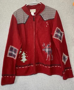 Coldwater creek red 100% wool vintage full zip embroidered patchwork jacket L - Picture 1 of 19