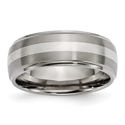 Titanium Brushed and Sterling Silver Inlay 8mm Ridged Edge Band Ring Size 11 - Image 1 of 4