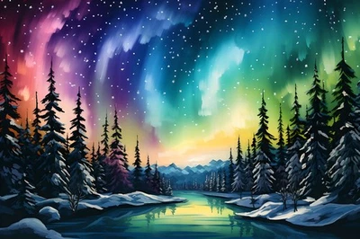 Aurora Borealis Hemisphere Northern Lights Rainbow Art Posters Prints Painting - Image 1 of 4