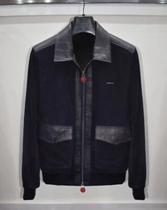 Kiton Genuine Suede Navy Blue Embossed Leather Trim Men's Bomber Jacket - Picture 1 of 4