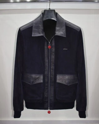 Kiton Genuine Suede Navy Blue Embossed Leather Trim Men's Bomber Jacket - Image 1 of 4
