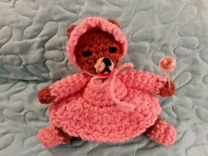 TEDDY BEAR HOMEMADE KNITTED BABY GIRL PLUSH HOLDING A BABY RATTLE 4" - Picture 1 of 12