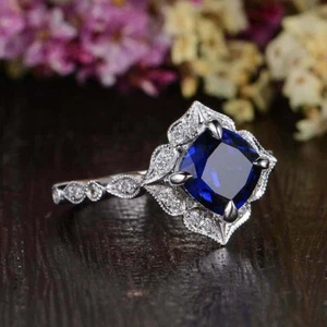 Cushion Cut Blue Diamond Women's Engagement Wedding Ring 14k White Gold Finish - Picture 1 of 11