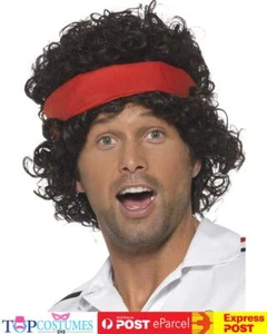 80s Tennis Player Fancy Dress Wig Brown with Headband Athletes Eigthies - Picture 1 of 1
