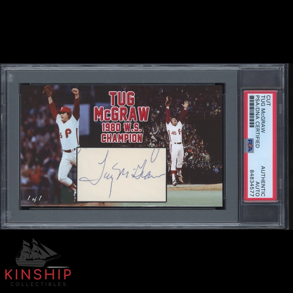 Tug McGraw signed 3x5 Custom Card Cut PSA DNA Slab Phillies 1980 WS Auto C1756 - Image 1 of 1