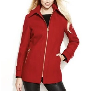 Michael Kors Red Zip Front Jacket Pea Coat Women's Ladies Removable Hood 10 M - Bild 1 von 7