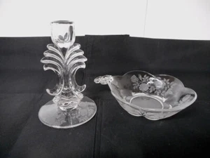 Duncan Miller Canterbury Rose Etched Candleholder and Bowl - Picture 1 of 5