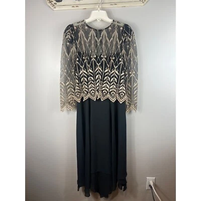 Cachet by Bari Protas Midi Black Dress Gold Lace Overlay Formal Gown Size 9/10 - Image 1 of 4