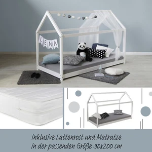 Kinderbett 90x200 mit Matratze Mädchen Junge Hausbett Holz Weiß Bett Homestyle4u - Bild 1 von 8