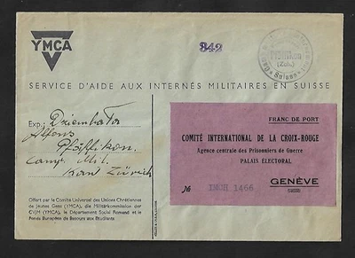 WWII SWITZERLAND ZÜRICH TO GENEVA YMCA RED CROSS CENSOR STAMPLESS COVER 1941 - Image 1 of 2