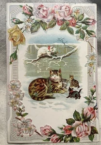 Tarjeta de felicitación de Navidad en relieve tamaño postal vintage madre gato con gatitos - Imagen 1 de 2