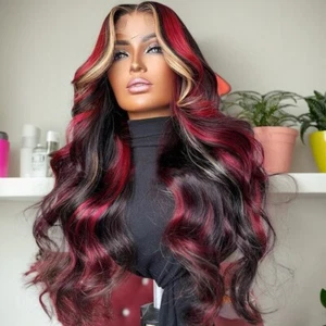 Ombre Red With Blonde Highlights Body Wave Glueless Wigs Human Hair Burgundy Red - Foto 1 di 15