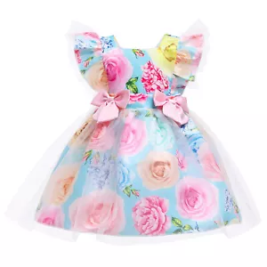 Niños Niñas Verano Fiesta Vestido Estampado en Flor Mangas de Mosca Cumpleaños Tul A Line Vestido - Imagen 1 de 22