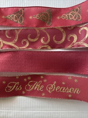 Christmas Wired Ribbon Maroon Golf Green Sparkly Trees Glitter 2 1/2”  20y Total - Image 1 of 4