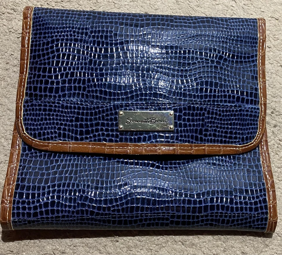 Vintage Samantha Brown Hanging Toiletry Bag Blue Brown Yellow Embossed Croc - Image 1 of 4