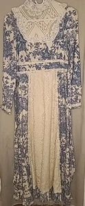 Abito prarie Gunne Sax Jessica Mcclintock Toile De Jouy vintage anni '70 taglia 9 blu crema  - Foto 1 di 23