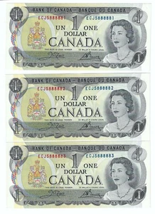 1973 Canada $1 Note, BC-46b Cro/Bou SN# ECJ 5888881 / 82 & 83 (3 Sequential) - Picture 1 of 2
