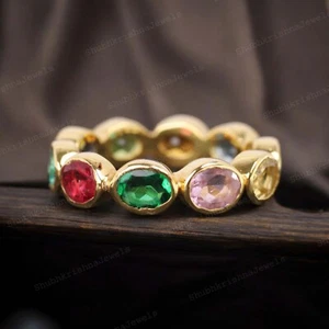925 Sterling Silver 5x3 mm Oval Natural Mix Gemstone Band Yellow Gold Plated - Picture 1 of 6