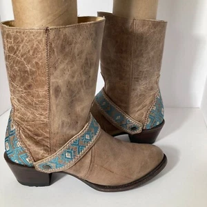 Womens Roper Pasedena Leather Embroidered Boot Distressed Tan Green 9 REST Insol - Picture 1 of 10