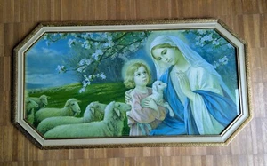 Heiligenbild Maria mit Jesus und Schafherde mit hochwertigem Holzrahmen  - Bild 1 von 6