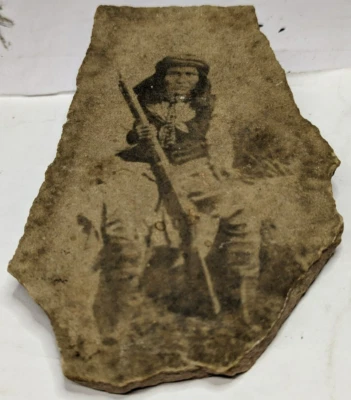 Unusual Vintage Sand Art Native American Apache Warrior Image On Rock Slab - Image 1 of 4