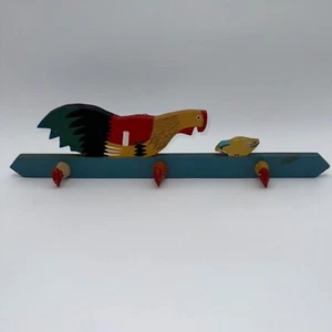 Chicken Hen Clothes Towel Hanger 3D Hooks Wood Hand Crafted & Painted Wall Mount - Picture 1 of 6