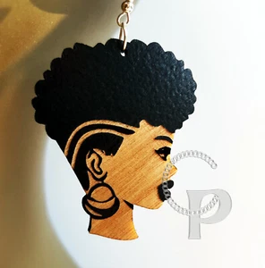 Afrykańskie drewniane kolczyki Afro kobieta slhouette naturalne włosy etniczne kolczyki - Zdjęcie 1 z 3