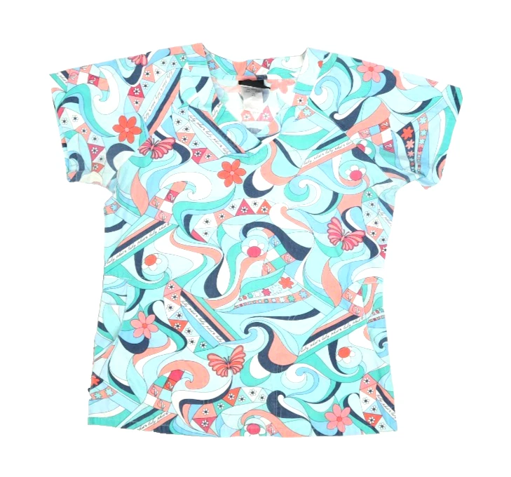 Baby Phat Womens Multicolor Retro Print Short Sleeve V-Neck Scrub Top XS - Image 1 of 4
